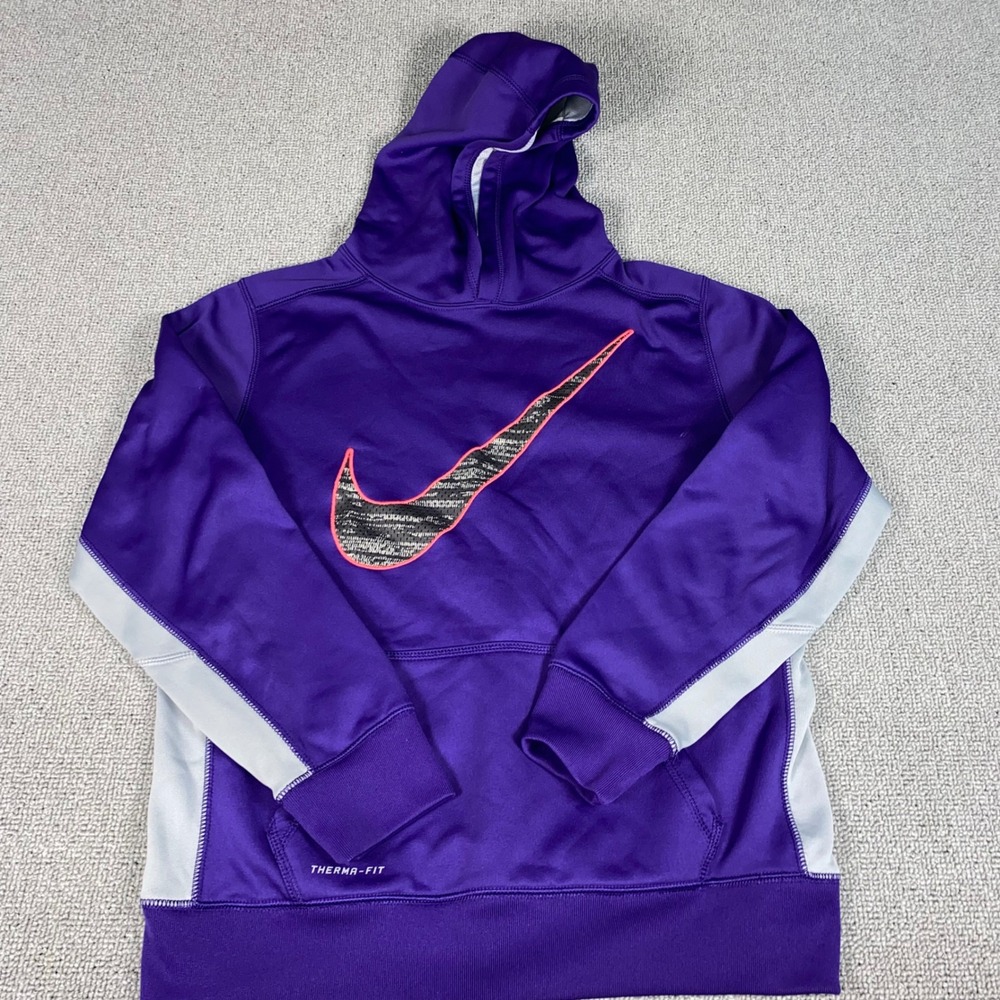 Nike Therma Fit Hoodie Womens XL Purple Gray Pullover Sweatshirt Athletic Swoosh